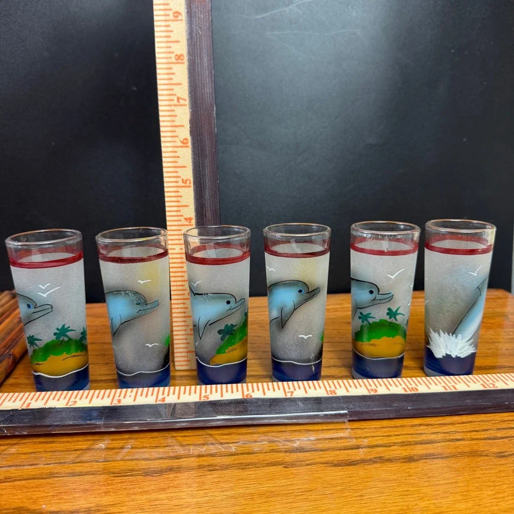 Dolphin Hand painted Decanter Set Rack w 6 shot glasses Island Tequila Tiki Set